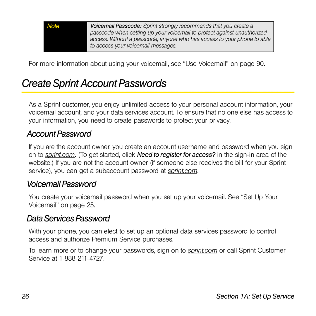 Univex p100eww manual Create Sprint Account Passwords, Voicemail Password, Data Services Password 