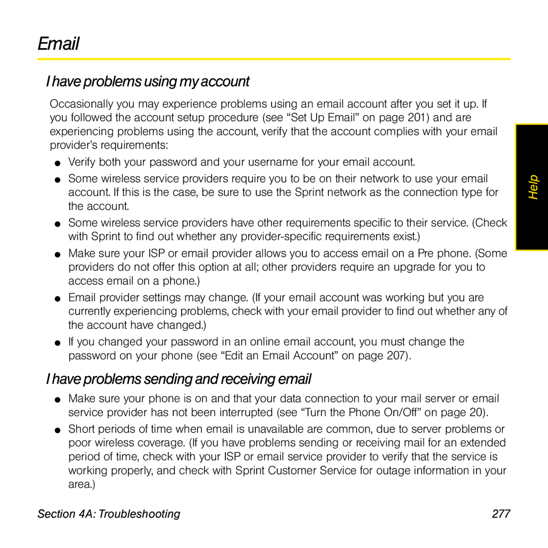 Univex p100eww manual Have problems using my account, Have problems sending and receiving email, Troubleshooting 277 