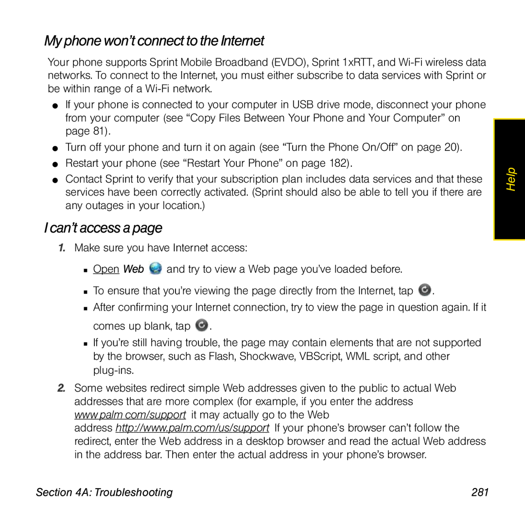 Univex p100eww manual My phonewon’t connect to the Internet, Can’t access a, Troubleshooting 281 