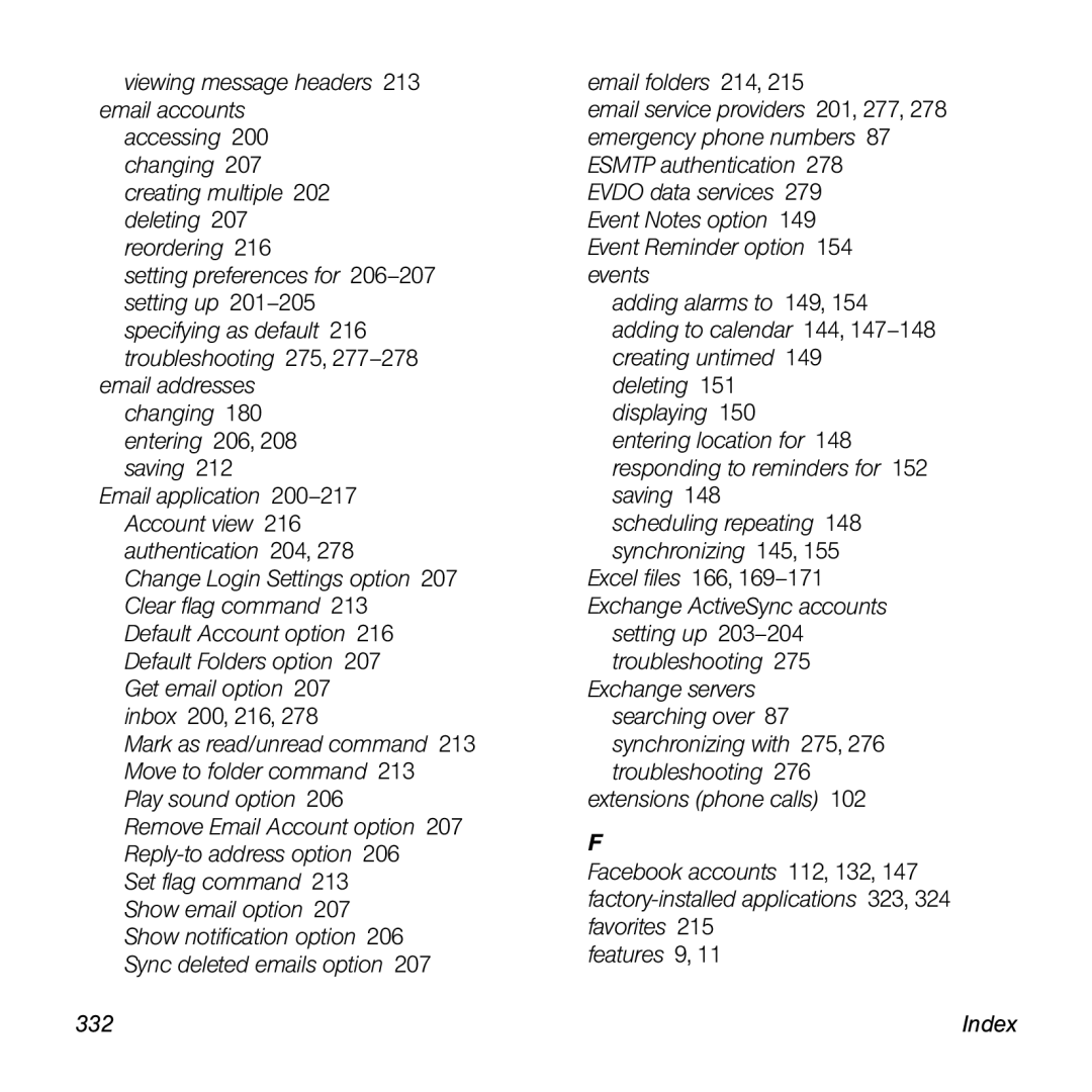 Univex p100eww manual Excel files 166, 169-171 Exchange ActiveSync accounts 