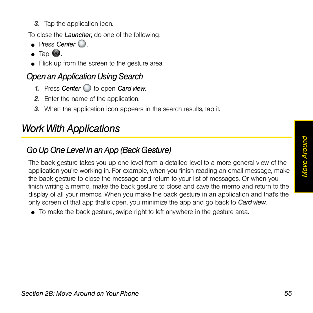 Univex p100eww manual Work With Applications, Openan Application Using Search, Go Up One Level in an App Back Gesture 