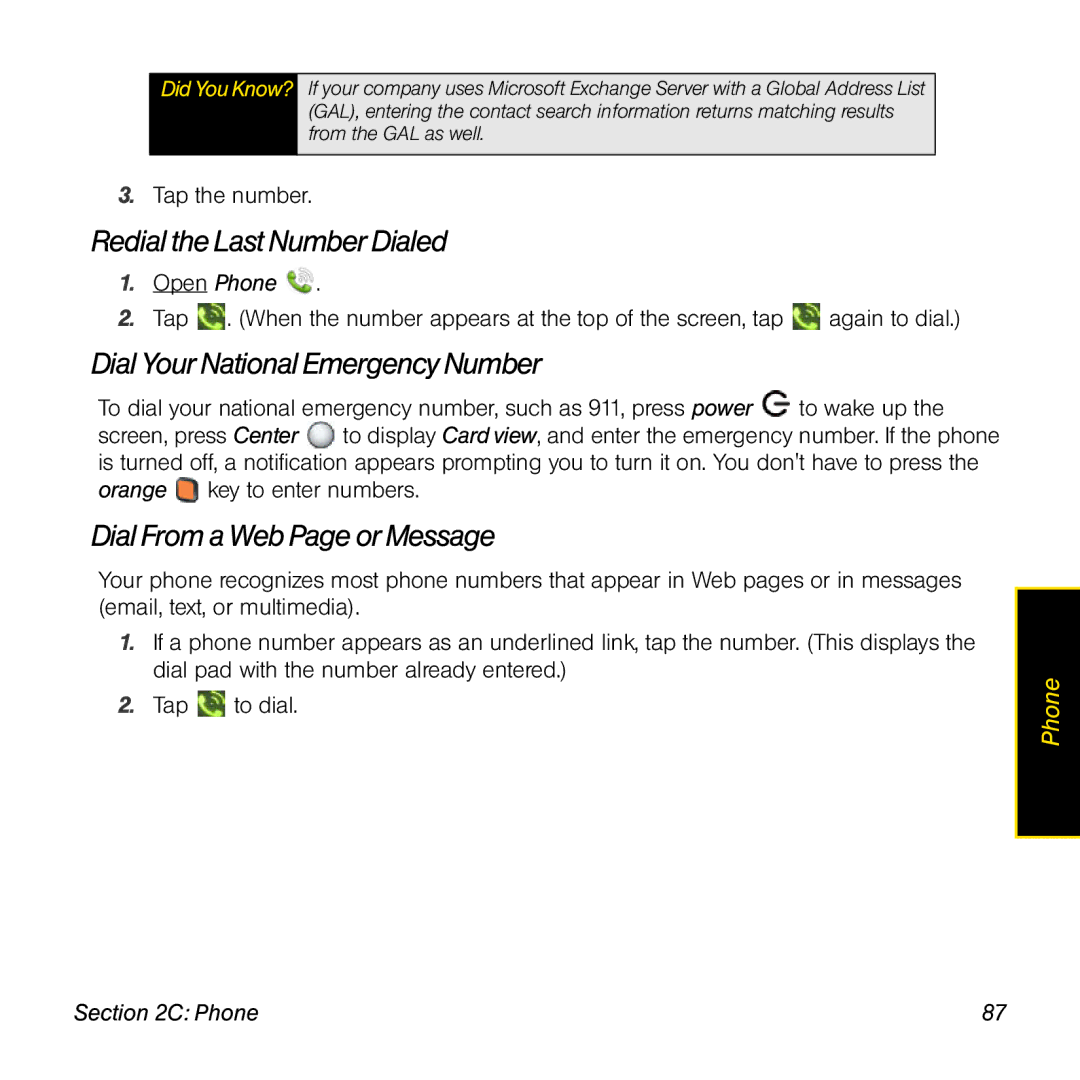 Univex p100eww manual RedialtheLastNumberDialed, DialYourNationalEmergencyNumber, DialFromaWebPageorMessage 