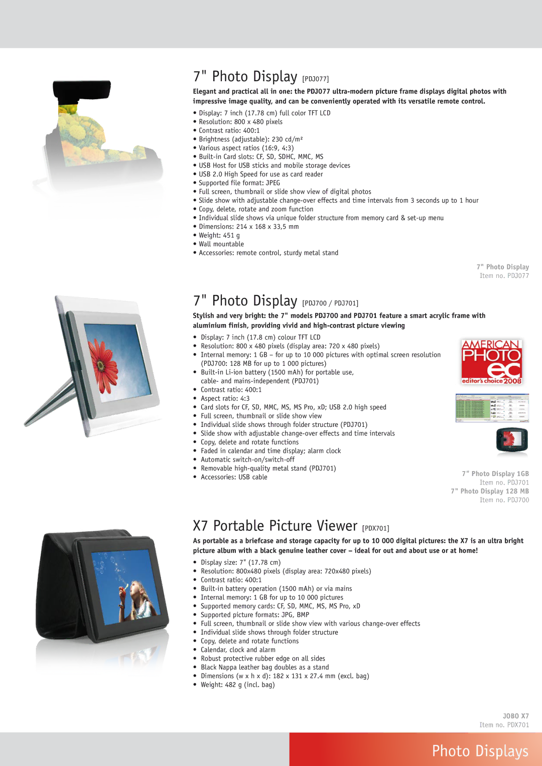 Univex Photo Frame manual Photo Display PDJ077, Photo Display PDJ700 / PDJ701, X7 Portable Picture Viewer PDX701 