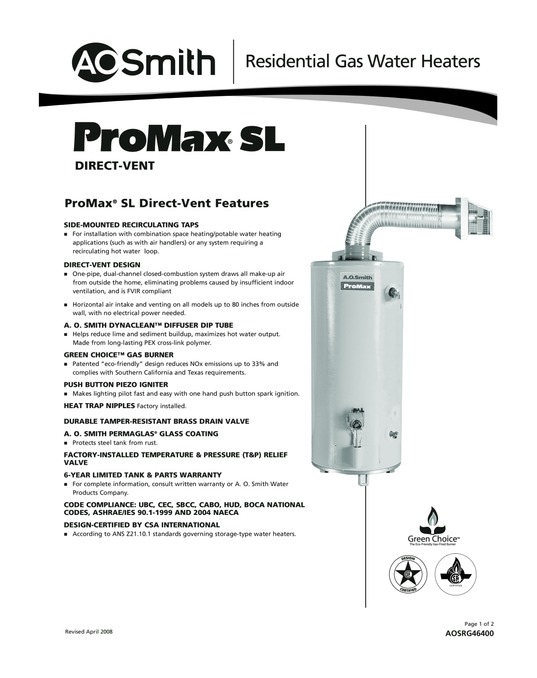 Univex warranty Residential Gas Water Heaters, DIRECT-VENT ProMax SL Direct-VentFeatures, AOSRG46400 
