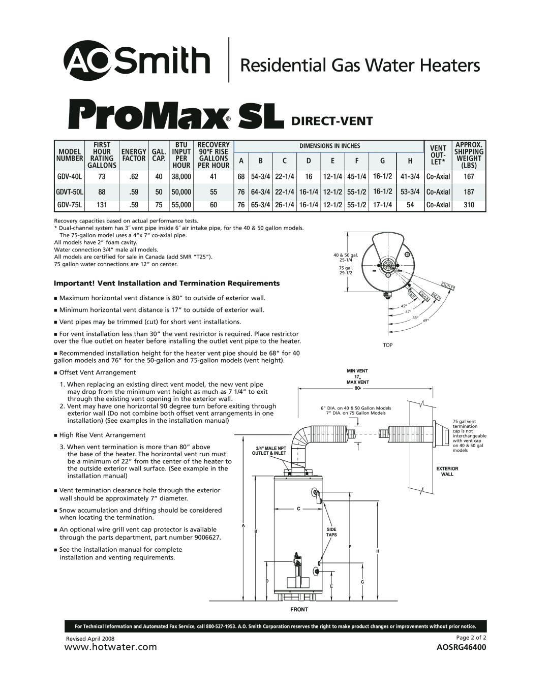Univex ProMax SL Direct-Vent, Residential Gas Water Heaters, AOSRG46400, Dimensions In Inches, Hour, Energy, Input, Number 
