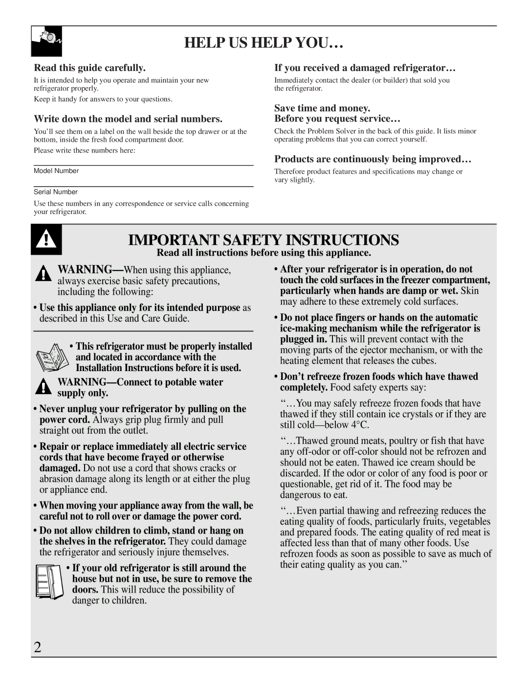 Univex Refrigerator - Freezer manual Help US Help YOU…, Important Safety Instructions 