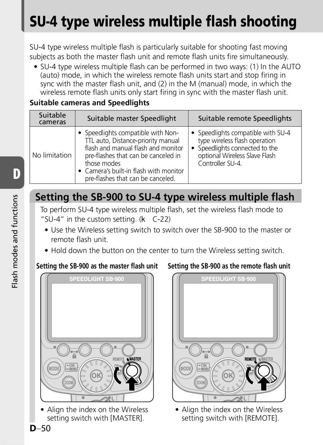 Univex user manual Setting the SB-900 to SU-4 type wireless multiple flash, Align the index on the Wireless 