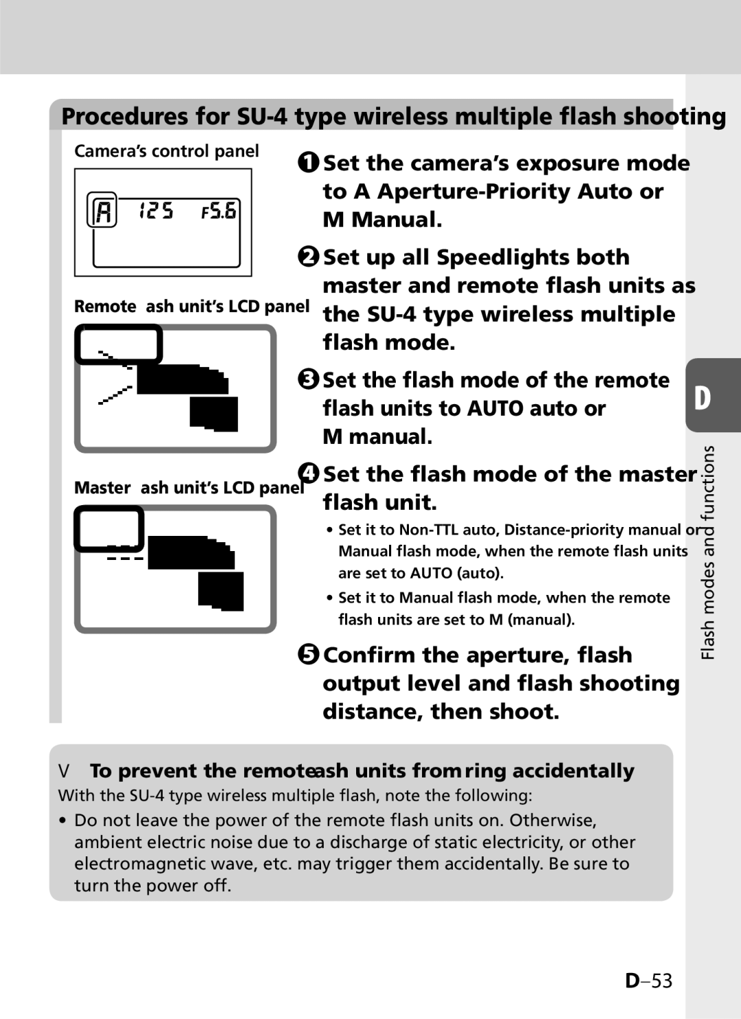 Univex SB-900 user manual Procedures for SU-4 type wireless multiple flash shooting, To a Aperture-Priority Auto or, Manual 