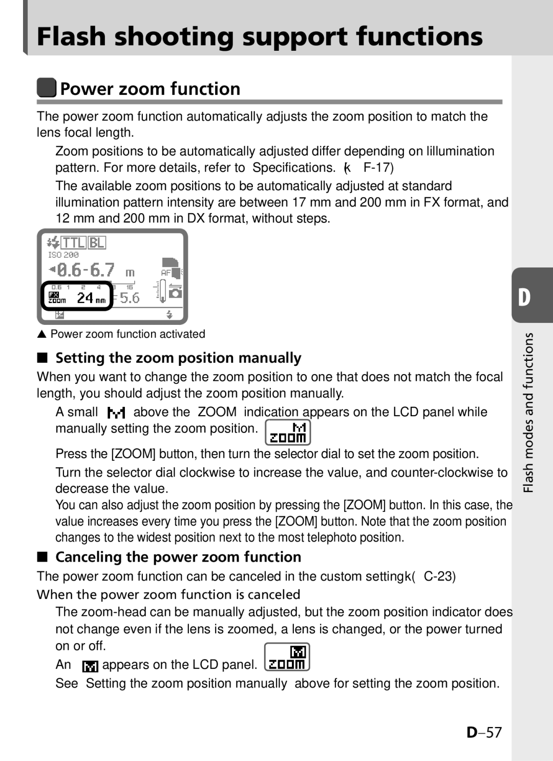 Univex SB-900 user manual Flash shooting support functions, Power zoom function, Setting the zoom position manually 