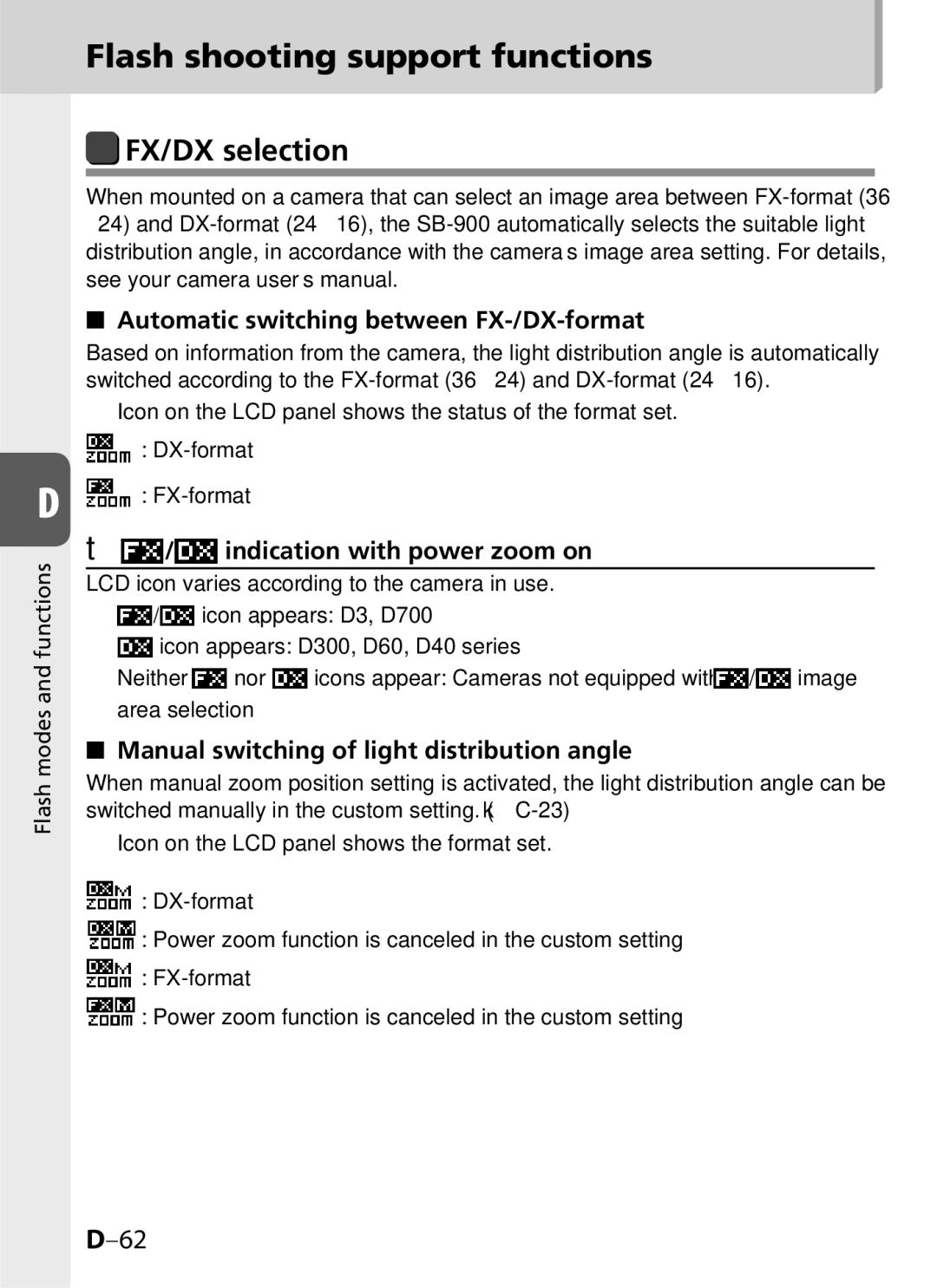 Univex SB-900 FX/DX selection, Automatic switching between FX-/DX-format, Manual switching of light distribution angle 