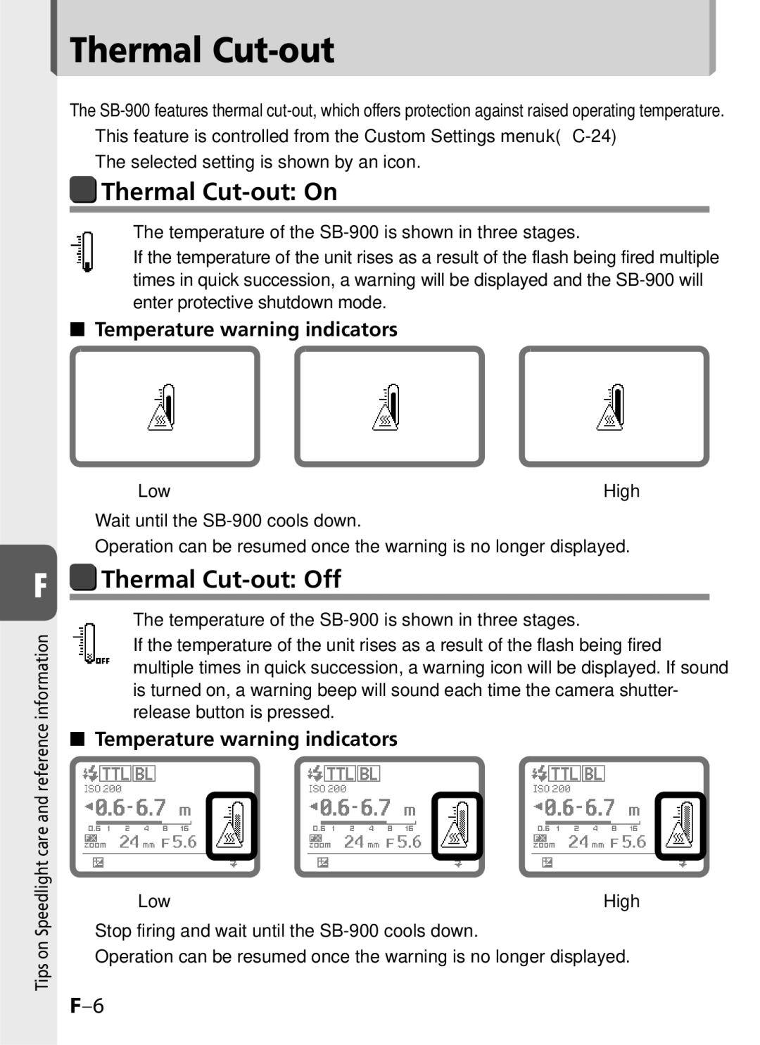 Univex SB-900 user manual Thermal Cut-out On, Thermal Cut-out Off, Temperature warning indicators 