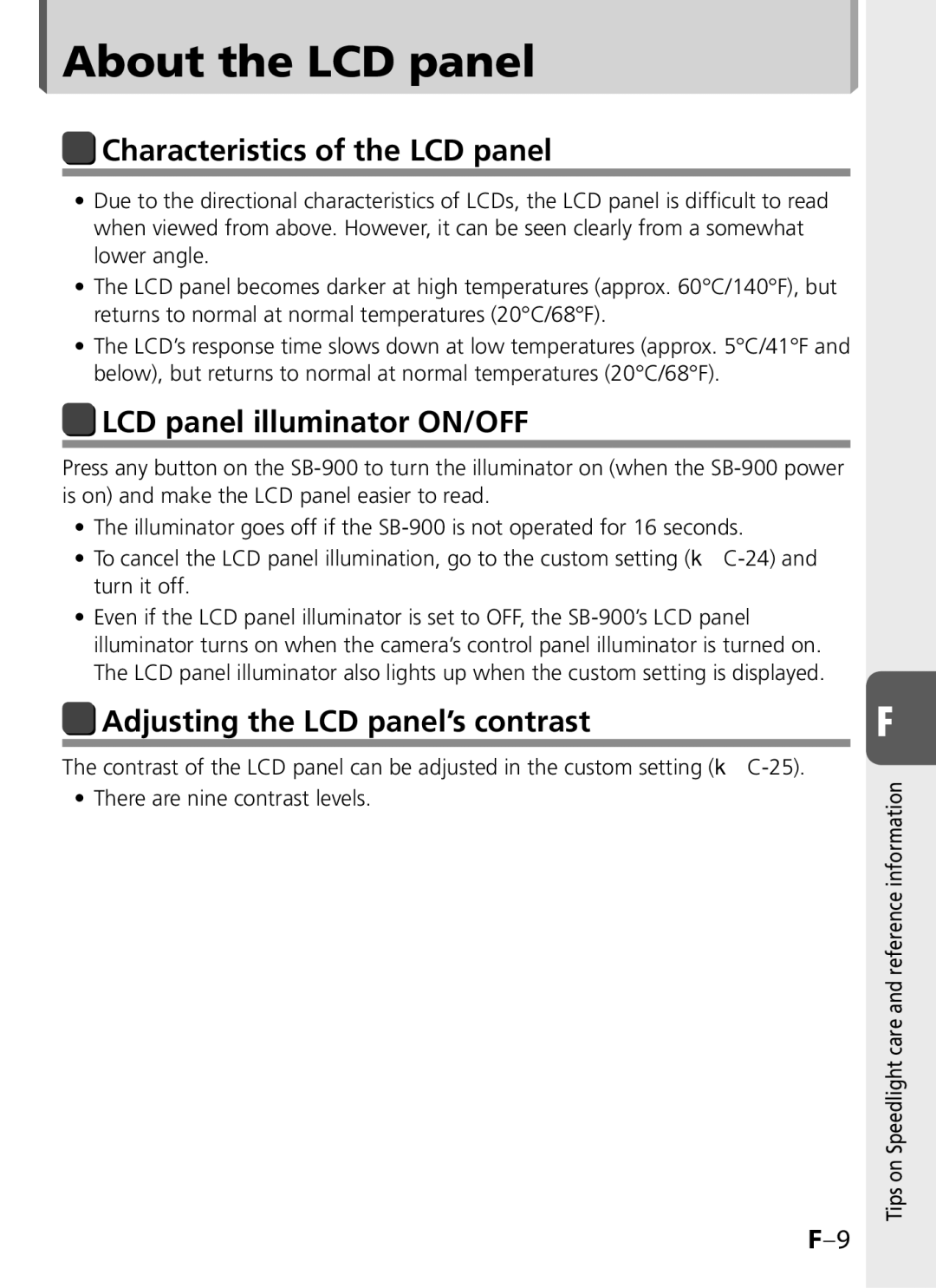 Univex SB-900 user manual About the LCD panel, Characteristics of the LCD panel, LCD panel illuminator ON/OFF 