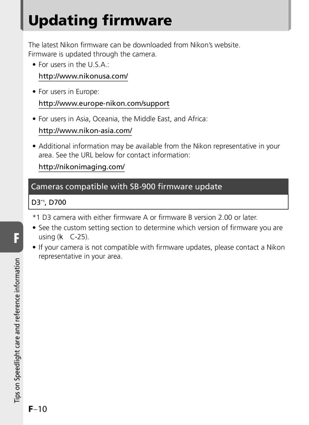 Univex user manual Updating firmware, Cameras compatible with SB-900 firmware update 