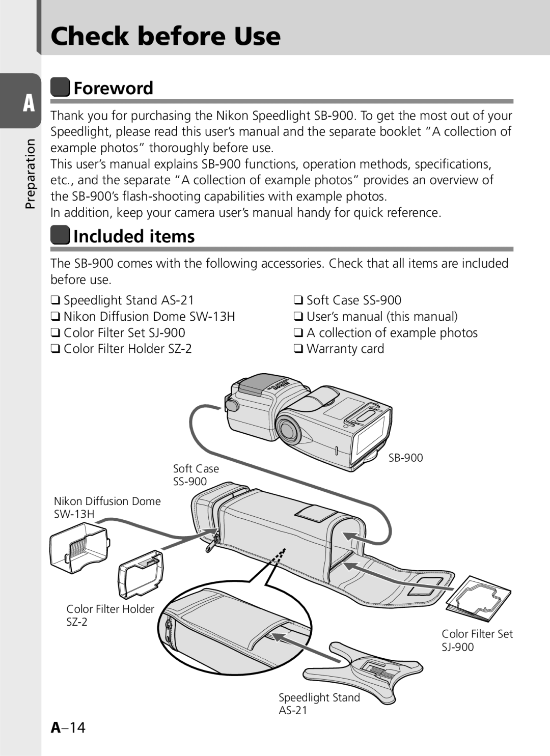 Univex SB-900 user manual Check before Use, Foreword, Included items, Color Filter Holder SZ-2 Warranty card 