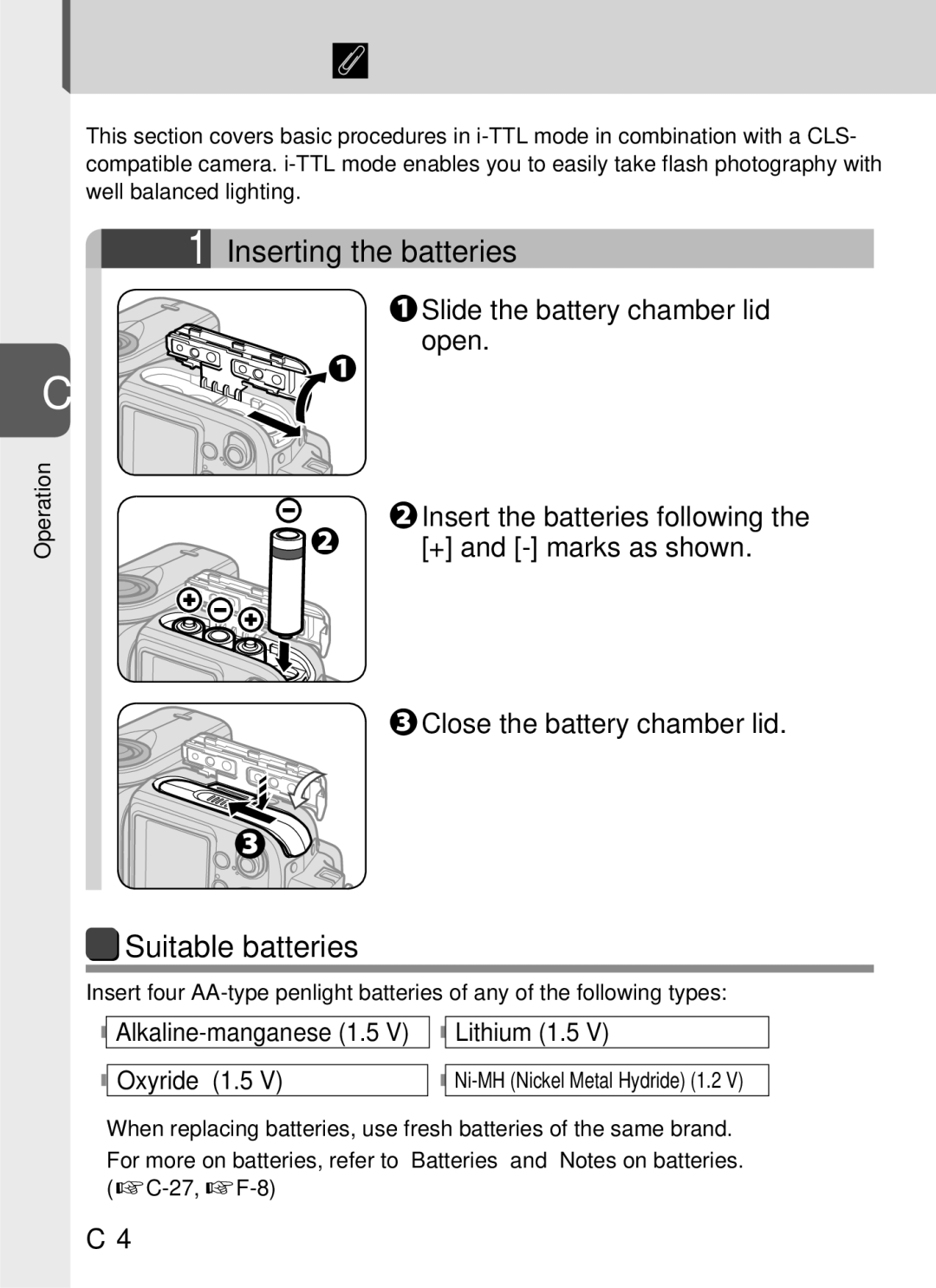 Univex SB-900 user manual Basic operation, Inserting the batteries, Suitable batteries, Slide the battery chamber lid open 