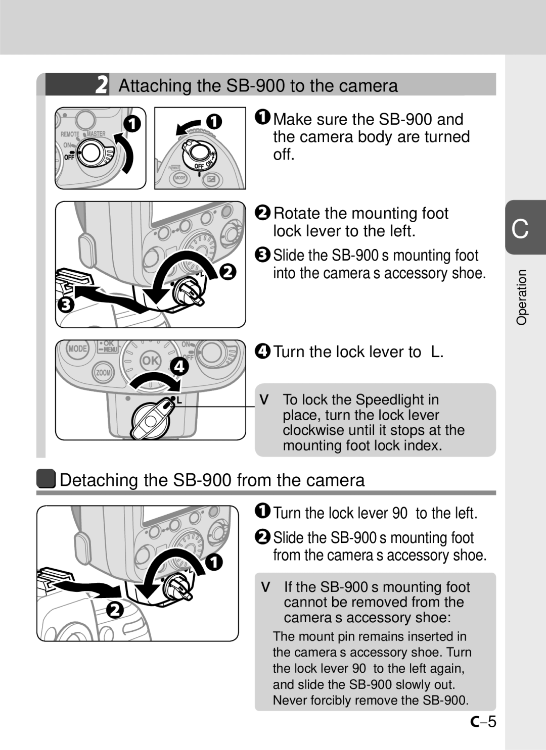 Univex user manual Attaching the SB-900 to the camera, Detaching the SB-900 from the camera, Turn the lock lever to L 