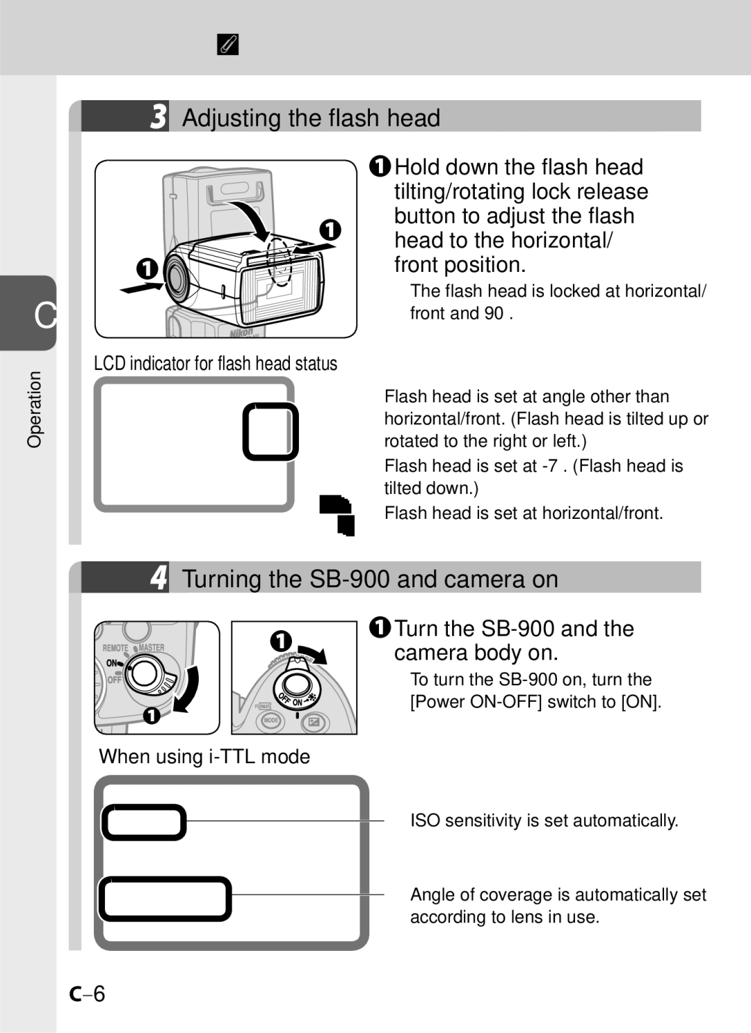 Univex user manual Basic operation, Adjusting the flash head, Turning the SB-900 and camera on 