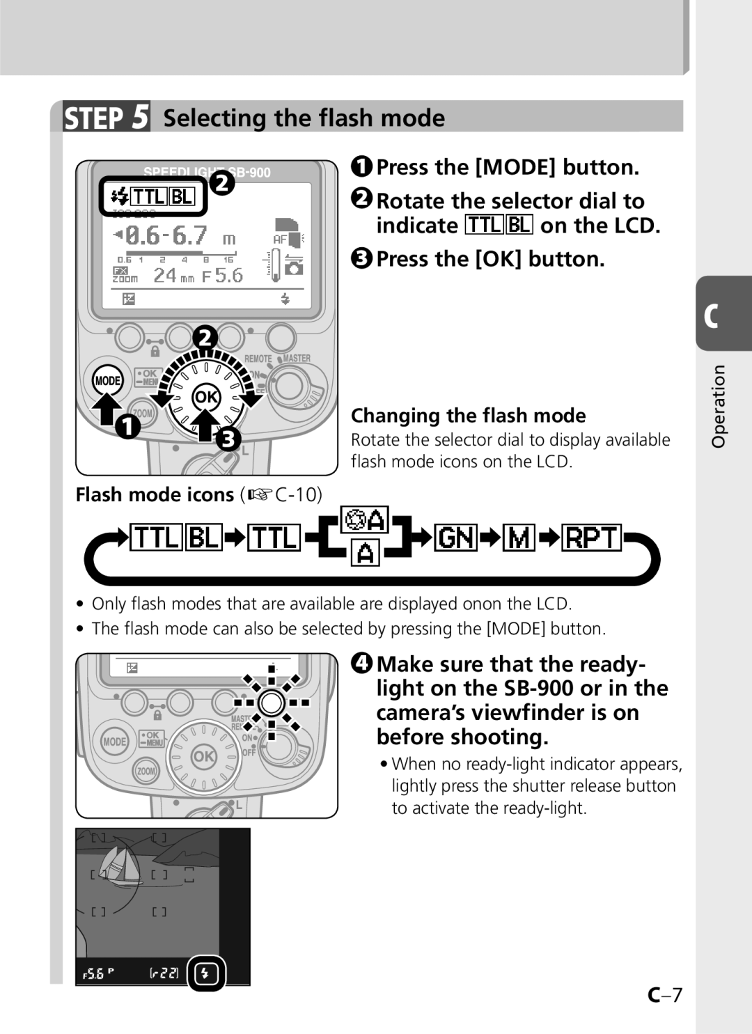 Univex SB-900 user manual Selecting the flash mode, Changing the flash mode, Flash mode icons kC-10 