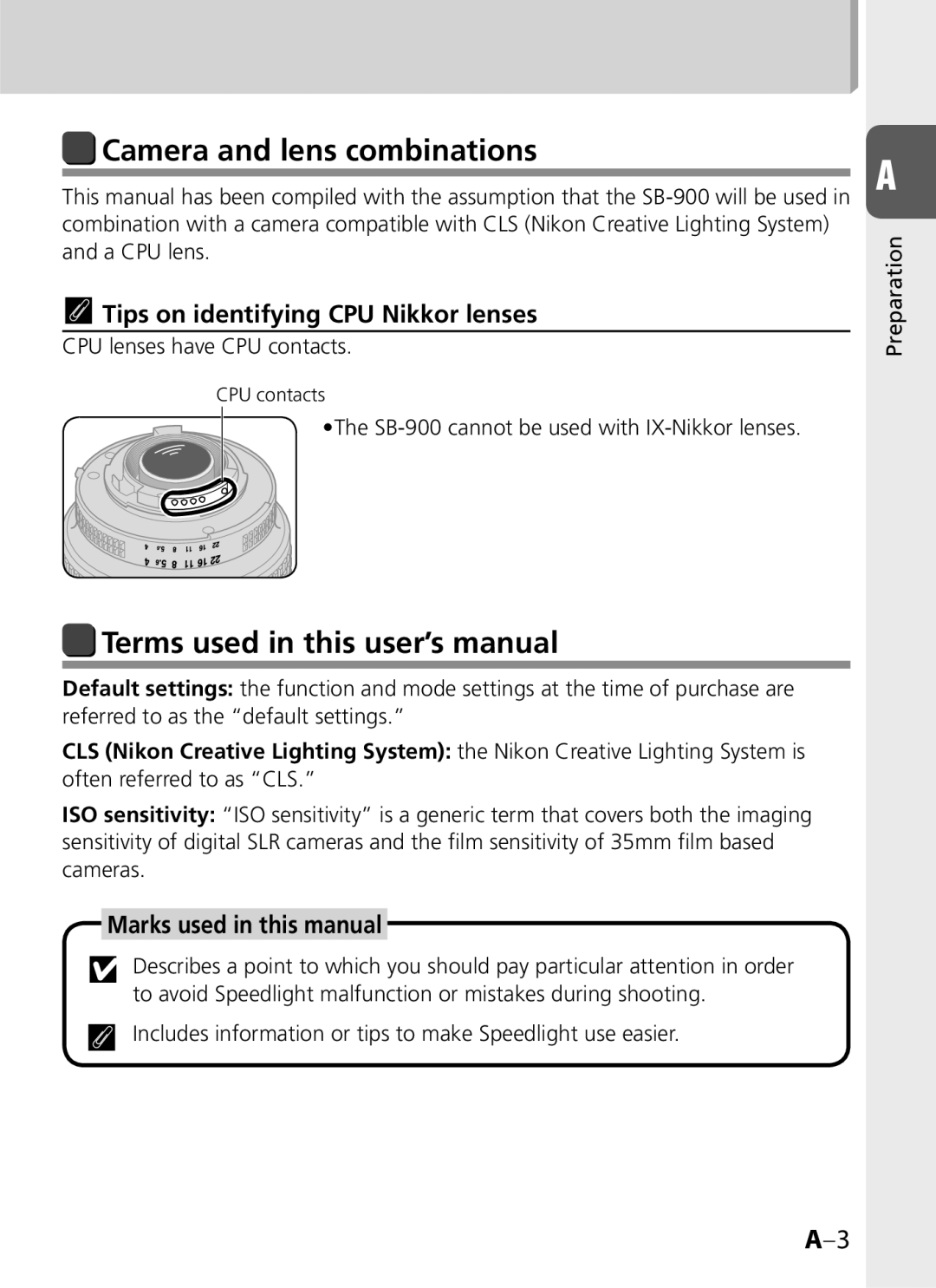 Univex SB-900 Camera and lens combinations, Terms used in this user’s manual, Tips on identifying CPU Nikkor lenses 