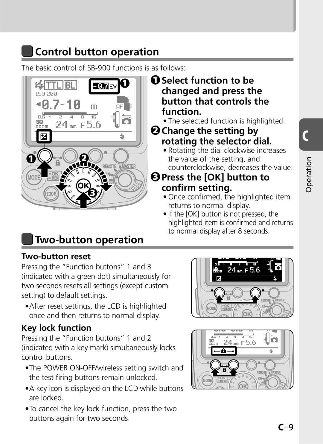 Univex SB-900 user manual Control button operation, Two-button operation, Change the setting by rotating the selector dial 