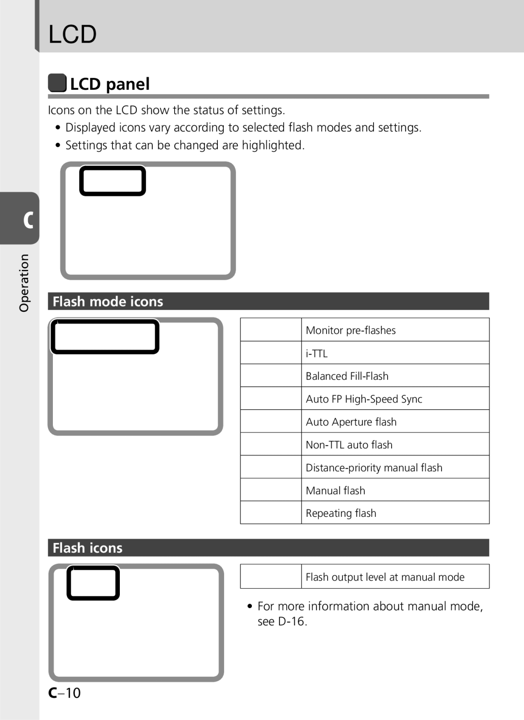 Univex SB-900 user manual LCD panel, Flash mode icons, Flash icons, For more information about manual mode, see D-16 