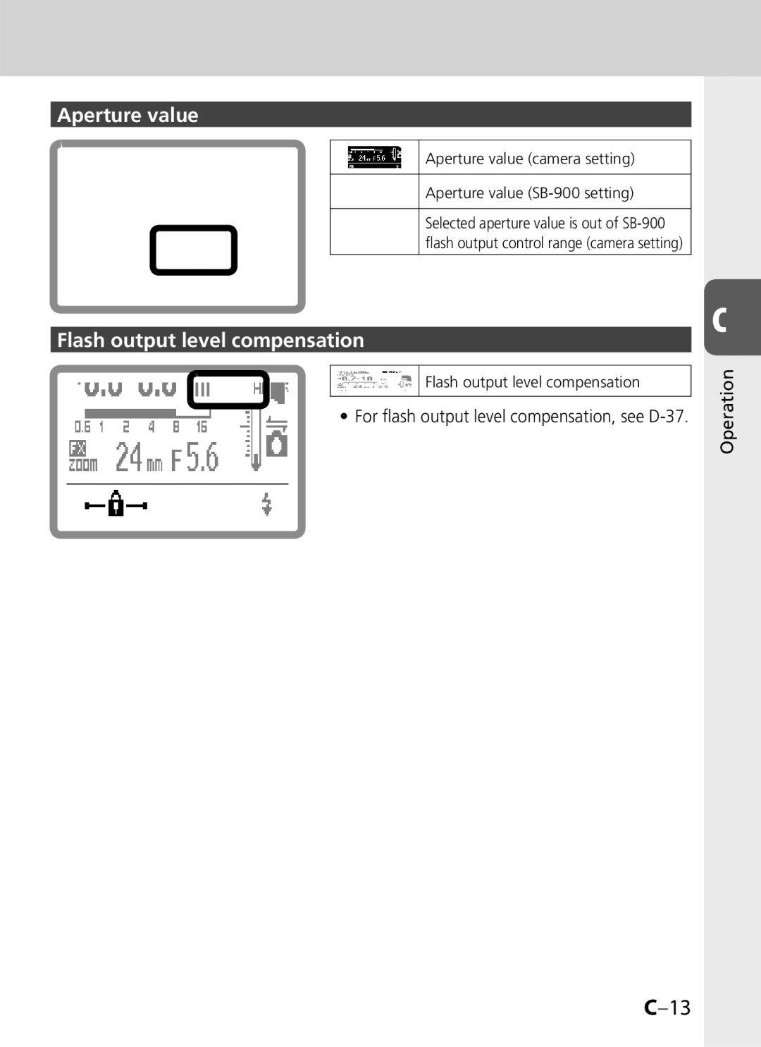 Univex SB-900 Aperture value, Flash output level compensation, For flash output level compensation, see D-37 Operation 