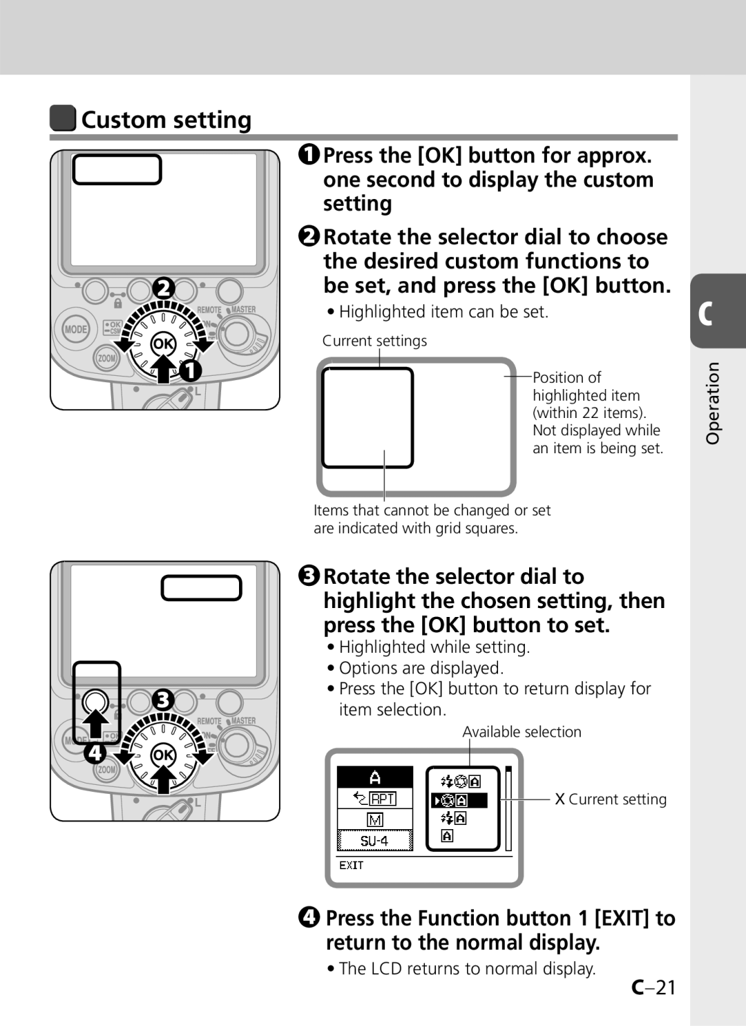 Univex SB-900 user manual Custom setting, Highlighted item can be set, LCD returns to normal display Operation 