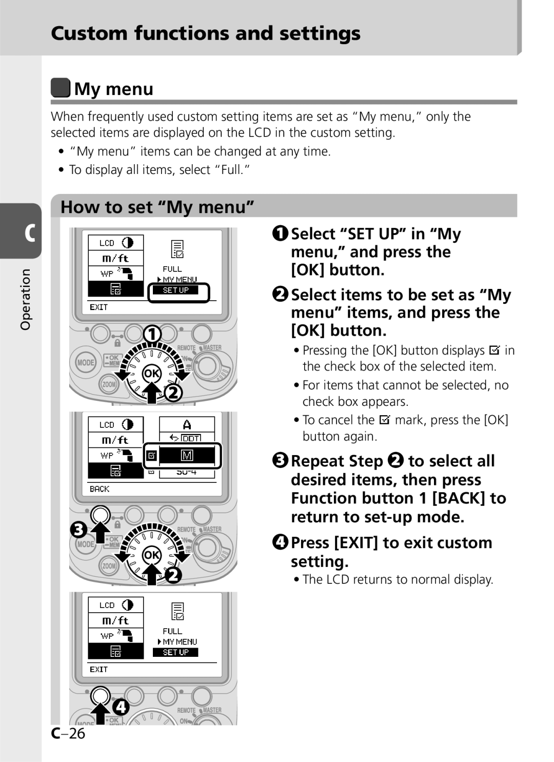 Univex SB-900 user manual How to set My menu, LCD returns to normal display 