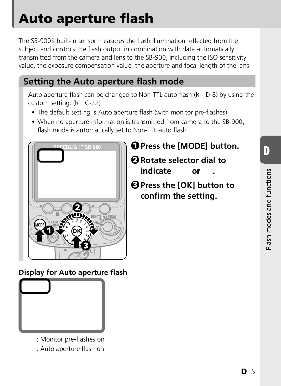 Univex SB-900 user manual Setting the Auto aperture flash mode, Display for Auto aperture flash 