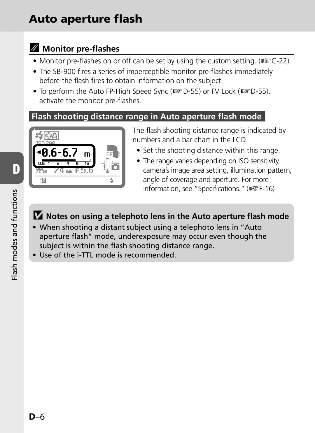 Univex SB-900 user manual Flash shooting distance range in Auto aperture flash mode 