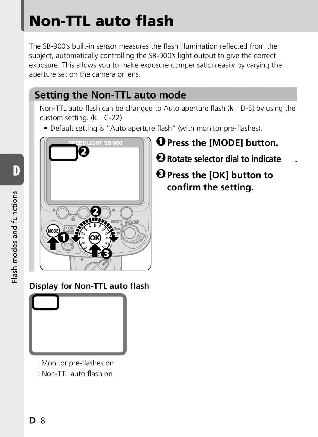 Univex SB-900 user manual Setting the Non-TTL auto mode, Display for Non-TTL auto flash 