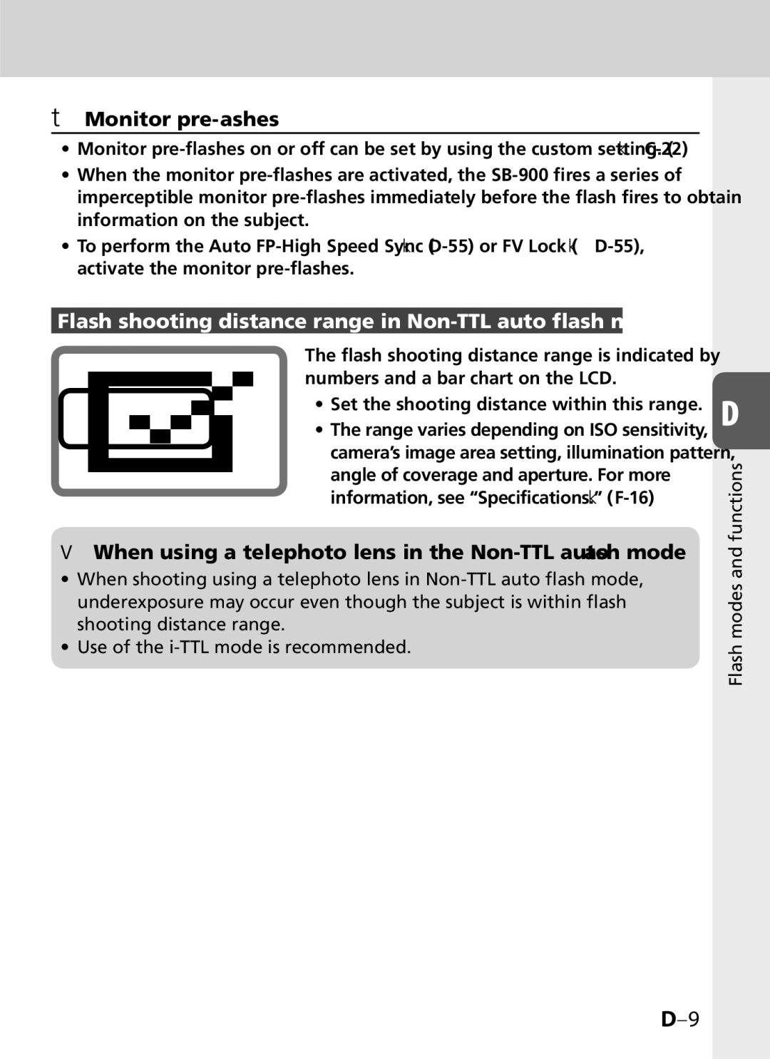 Univex SB-900 user manual Flash shooting distance range in Non-TTL auto flash mode 