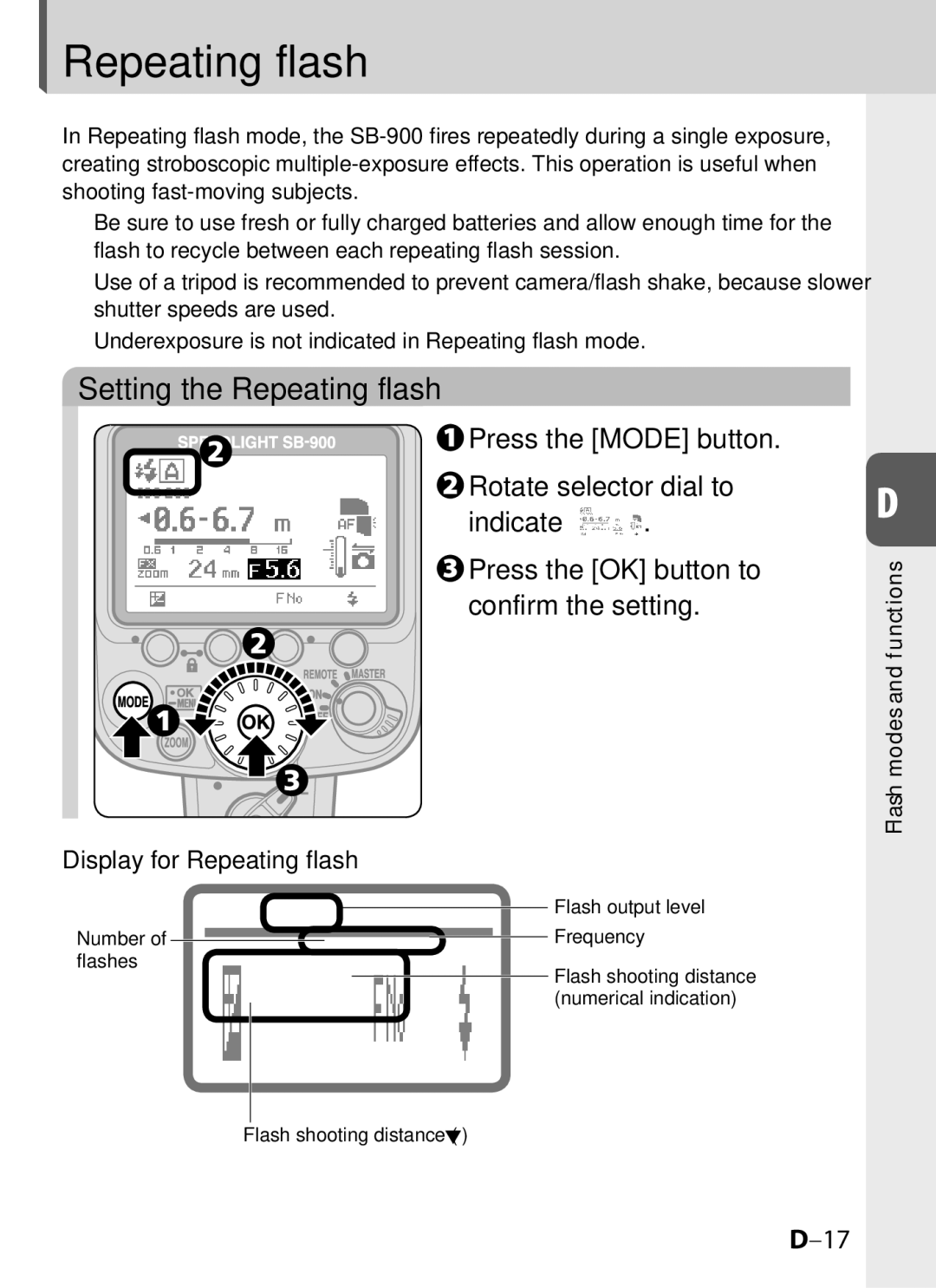 Univex SB-900 user manual Setting the Repeating flash, Display for Repeating flash 