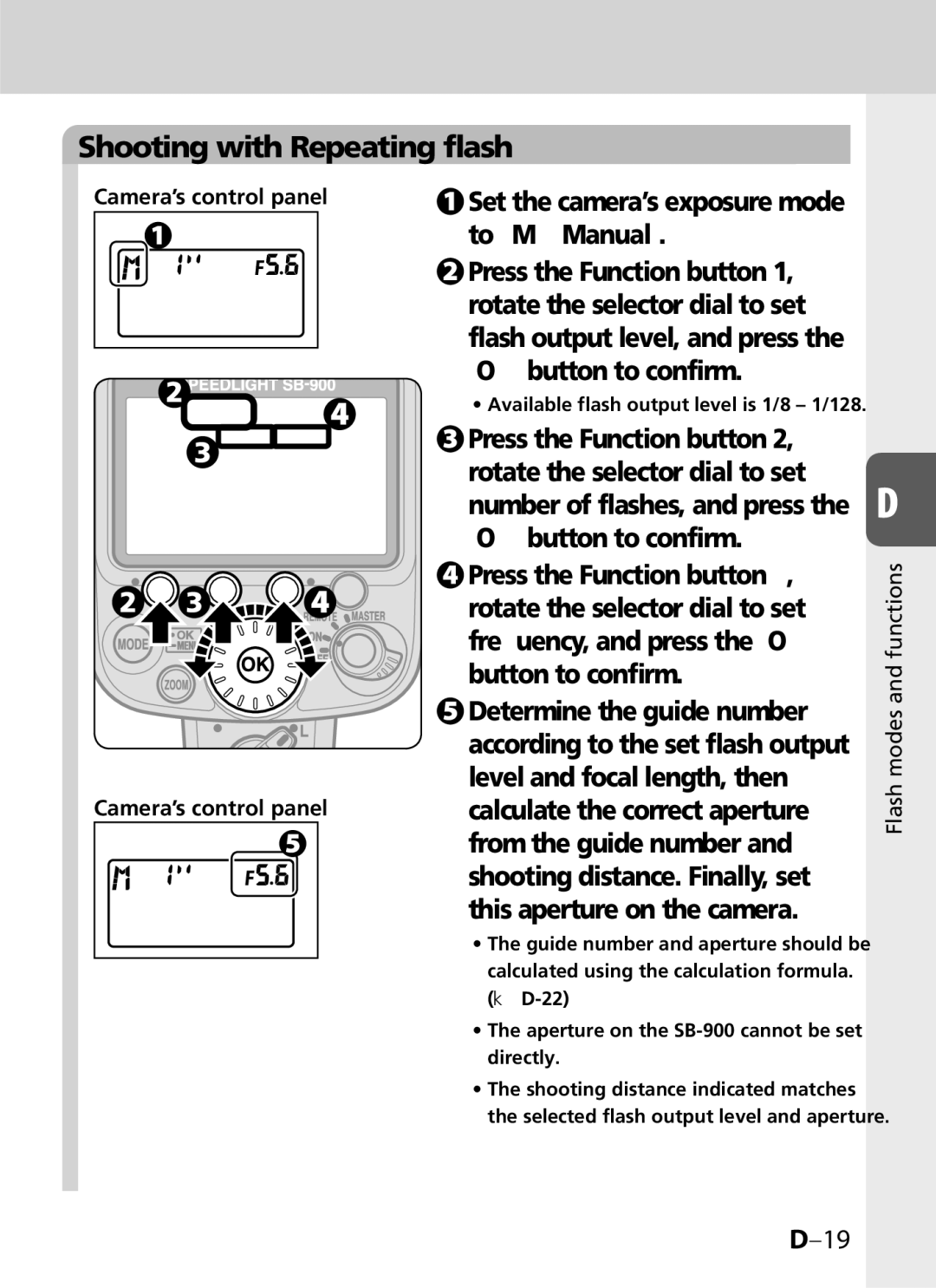 Univex SB-900 user manual Shooting with Repeating flash, Camera’s control panel 