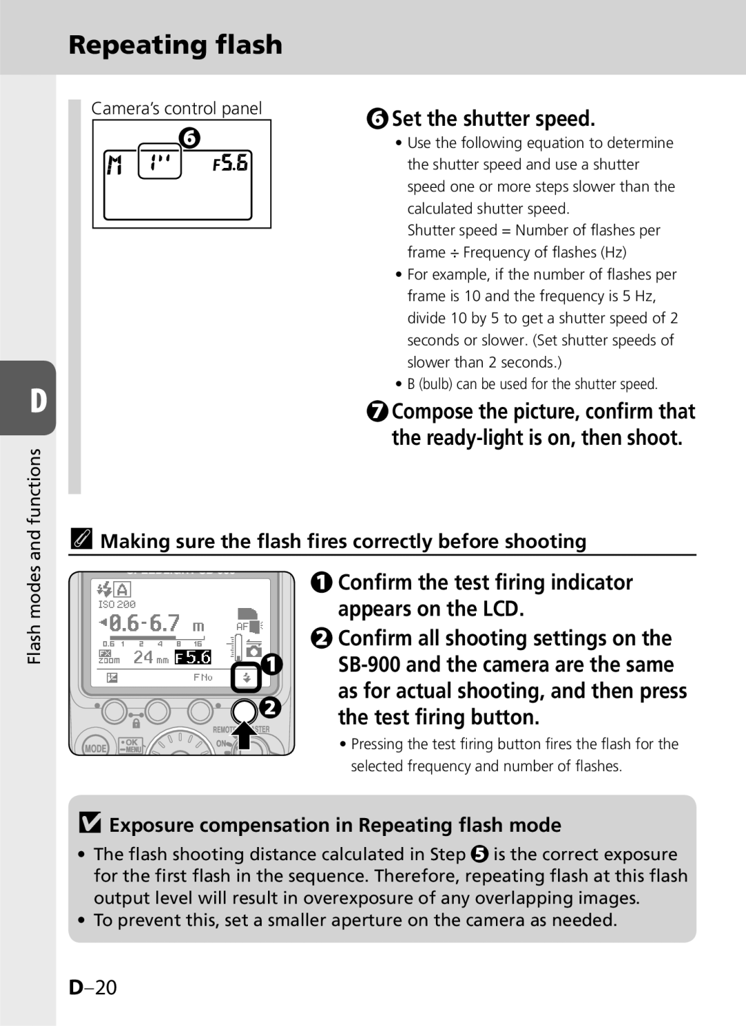 Univex SB-900 user manual Set the shutter speed, Exposure compensation in Repeating ﬂash mode 