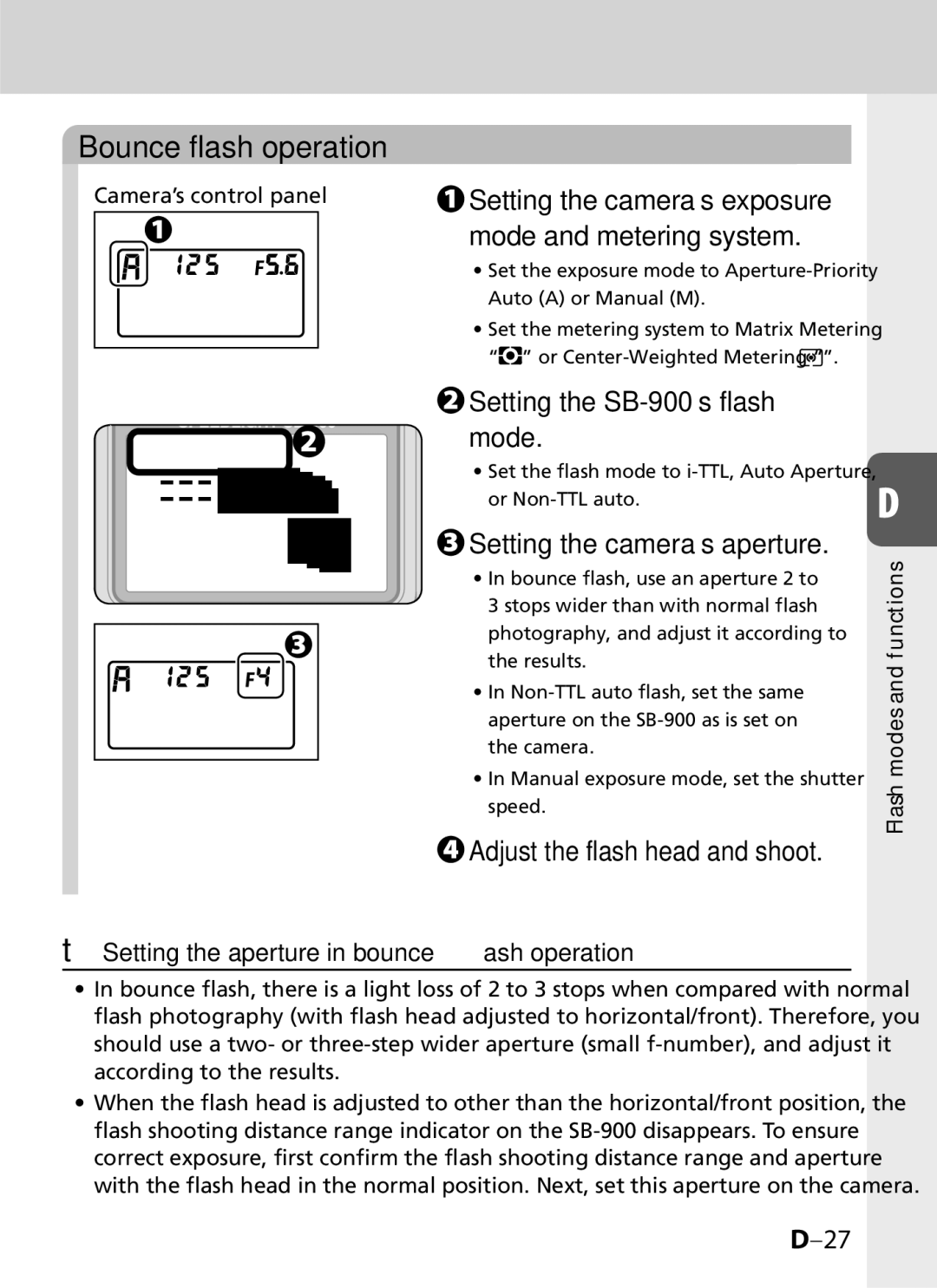 Univex user manual Bounce flash operation, Setting the SB-900’s flash mode, Setting the camera’s aperture 