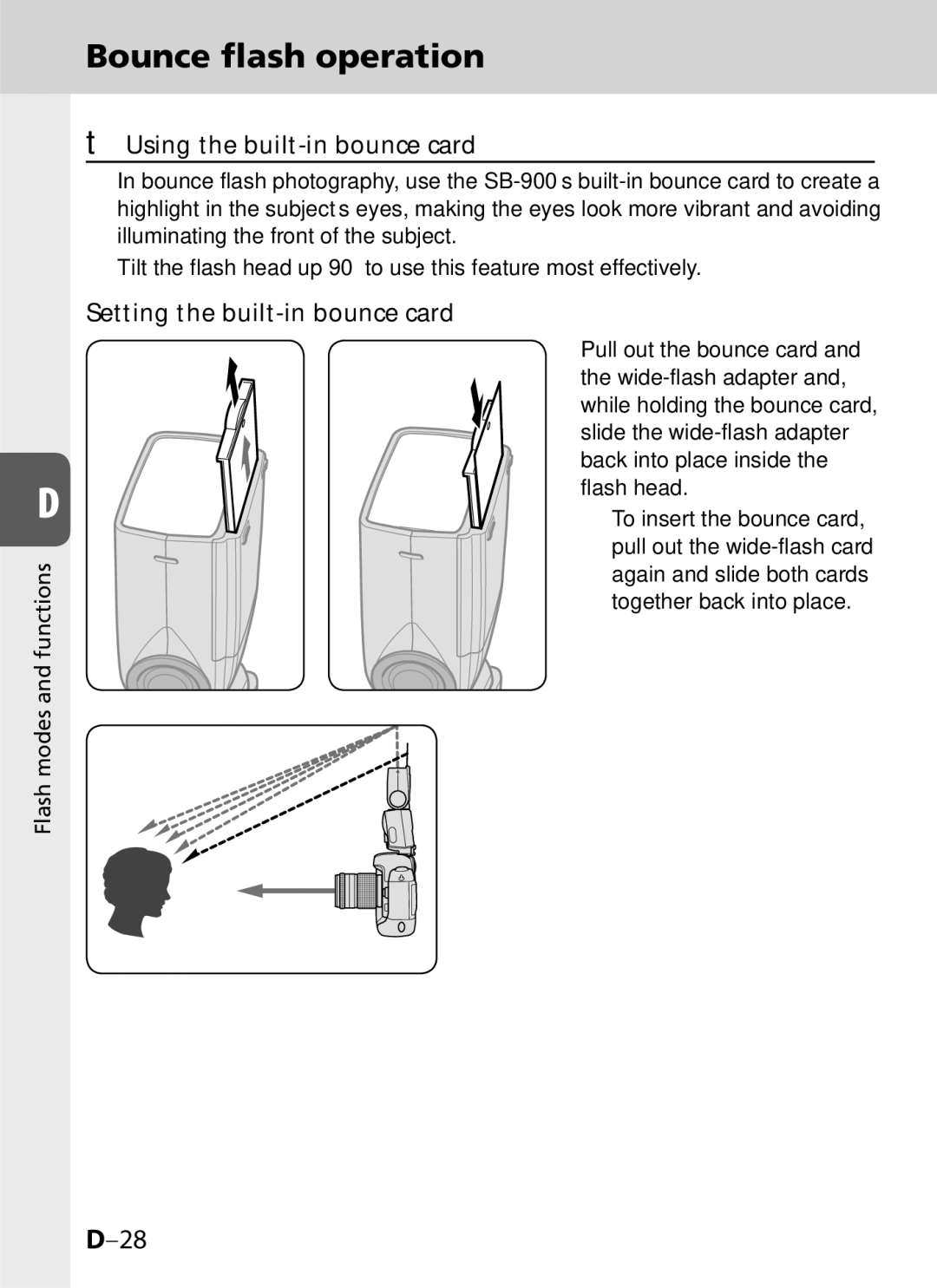 Univex SB-900 user manual Bounce flash operation, Using the built-in bounce card, Setting the built-in bounce card 