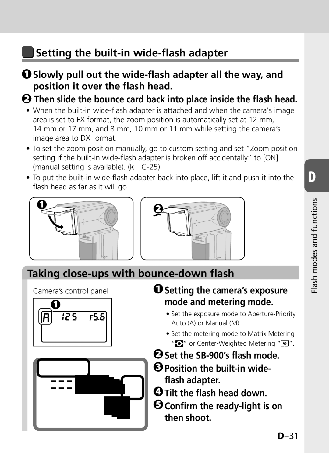 Univex SB-900 Setting the built-in wide-flash adapter, Taking close-ups with bounce-down flash, Mode and metering mode 