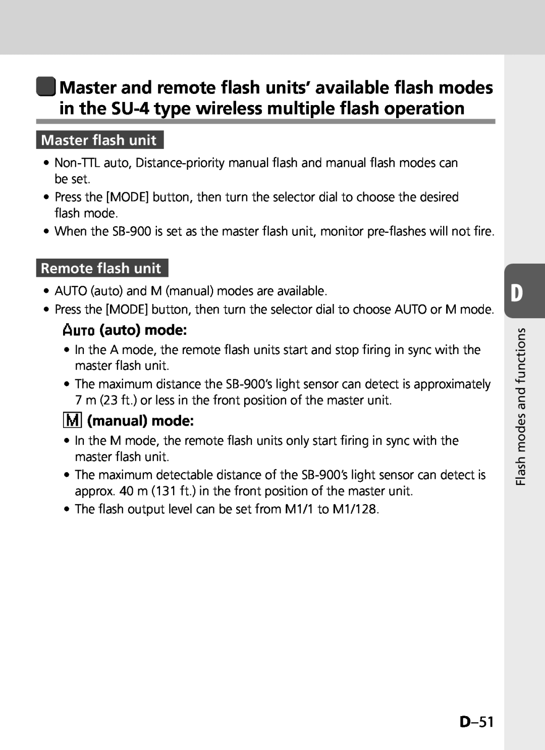Univex SB-900 user manual in the SU-4type wireless multiple flash operation, D–51, auto mode, manual mode 