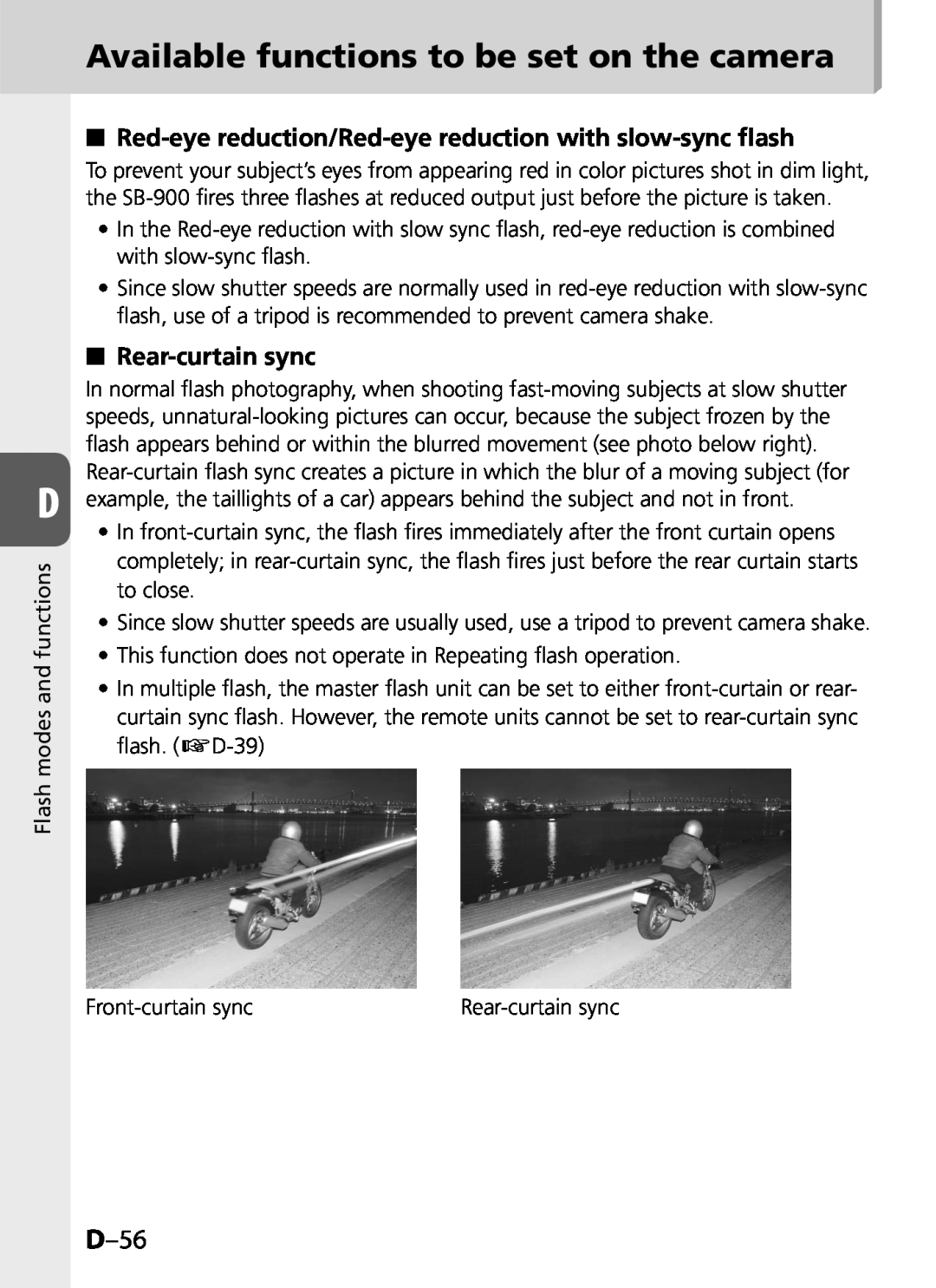 Univex SB-900 user manual Available functions to be set on the camera, D–56, Rear-curtainsync 