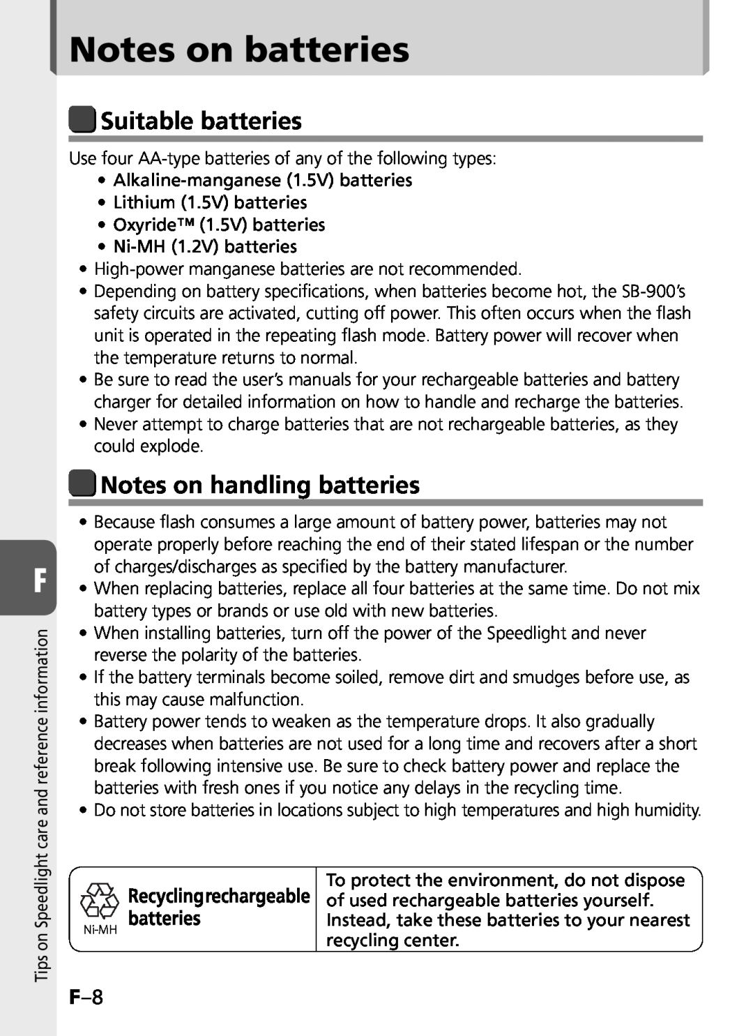 Univex SB-900 user manual Notes on batteries, Notes on handling batteries, Ni-MH batteries, Suitable batteries 