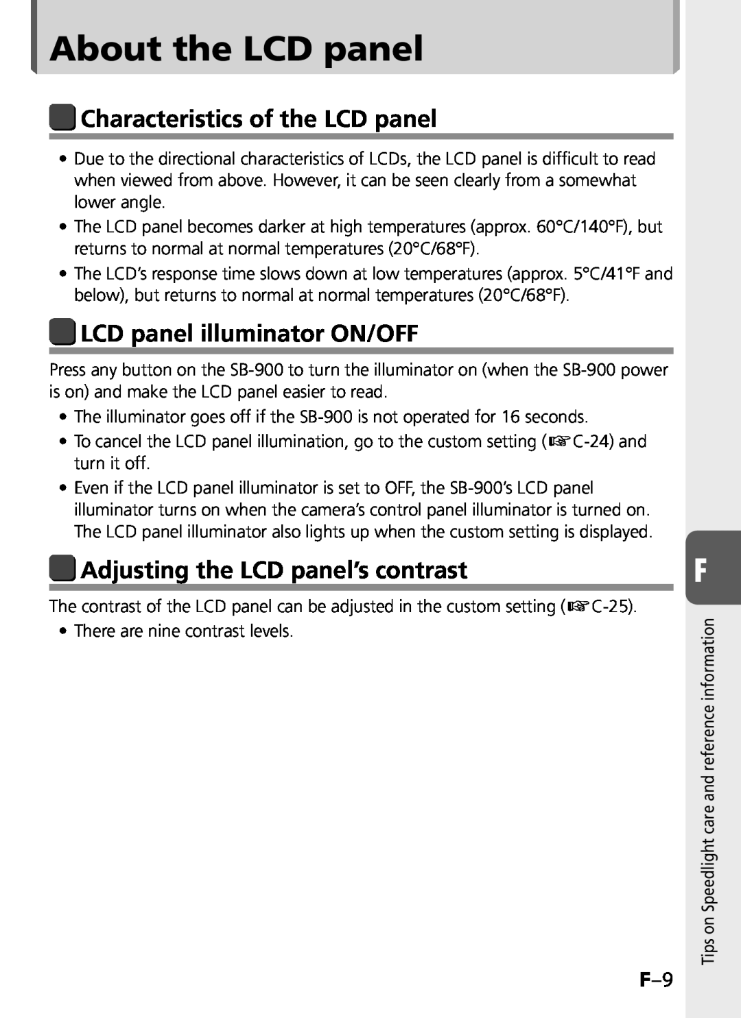 Univex SB-900 user manual About the LCD panel, Characteristics of the LCD panel, LCD panel illuminator ON/OFF 