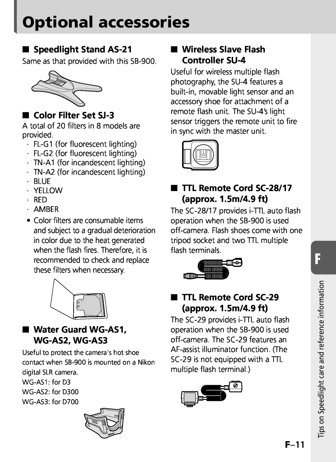 Univex SB-900 user manual Optional accessories, F–11, Speedlight Stand AS-21, Color Filter Set SJ-3 