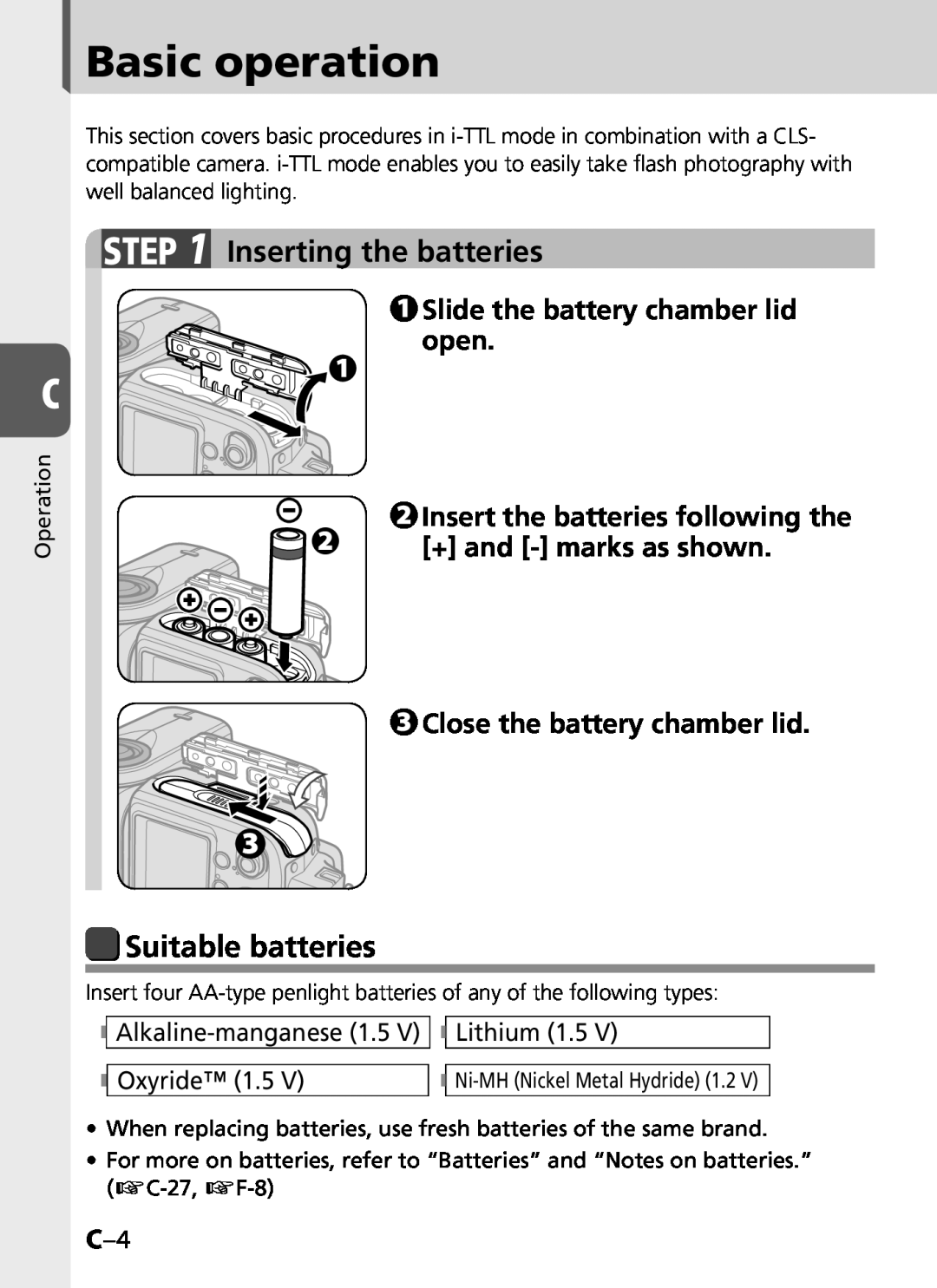 Univex SB-900 user manual Basic operation, Inserting the batteries, Suitable batteries, Slide the battery chamber lid open 