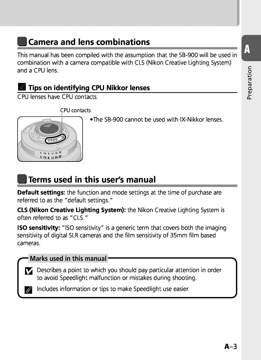 Univex SB-900 Camera and lens combinations, Terms used in this user’s manual, tTips on identifying CPU Nikkor lenses 
