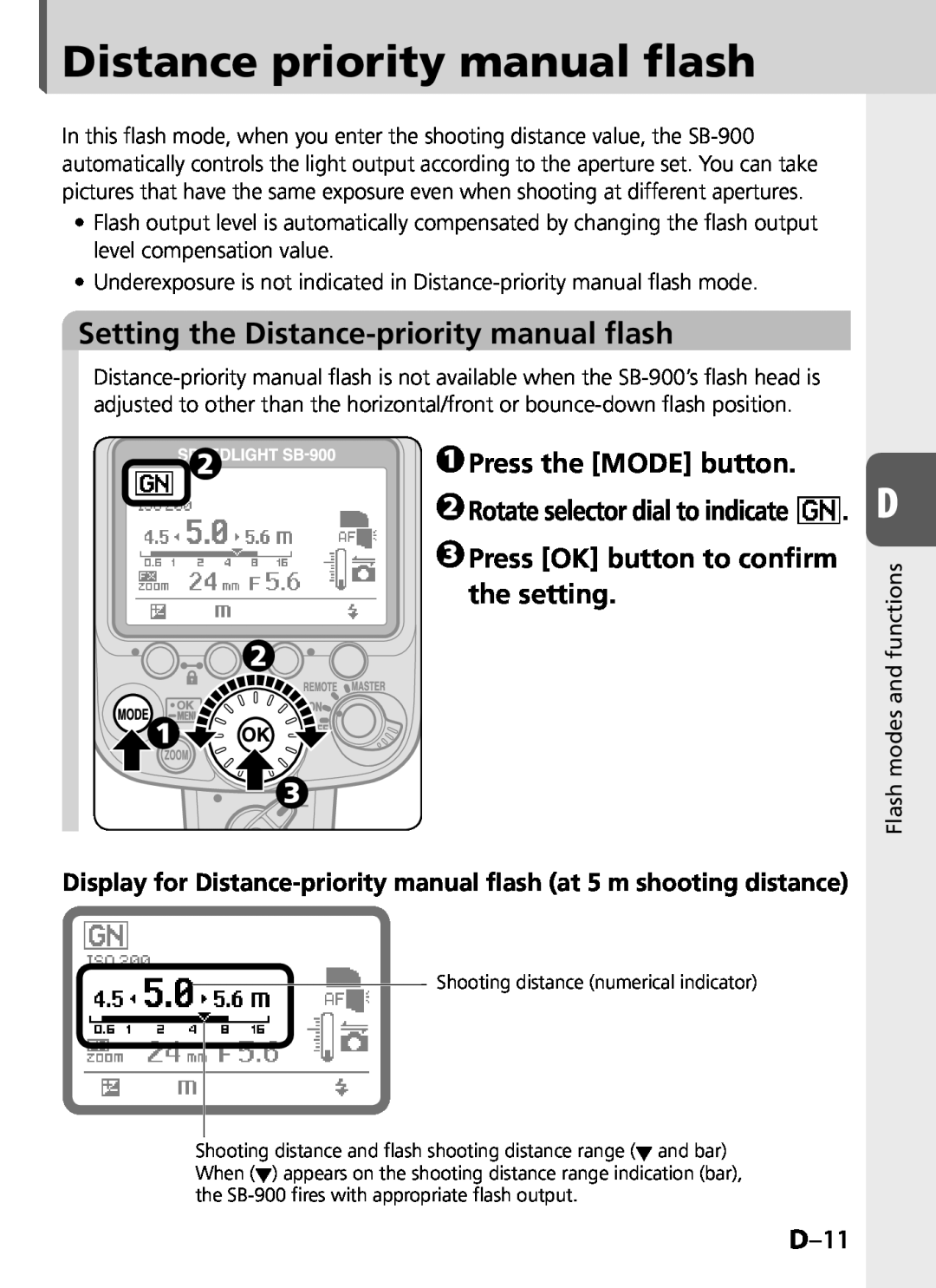 Univex SB-900 Distance priority manual flash, Setting the Distance-prioritymanual flash, D–11, Press the MODE button 
