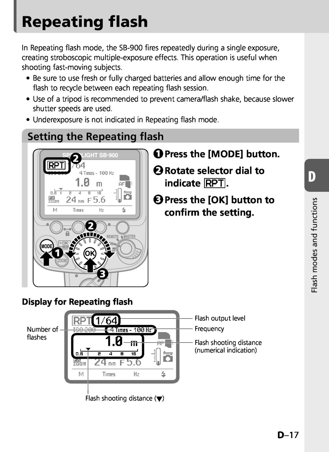Univex SB-900 user manual Setting the Repeating flash, indicate, D–17, Display for Repeating flash 