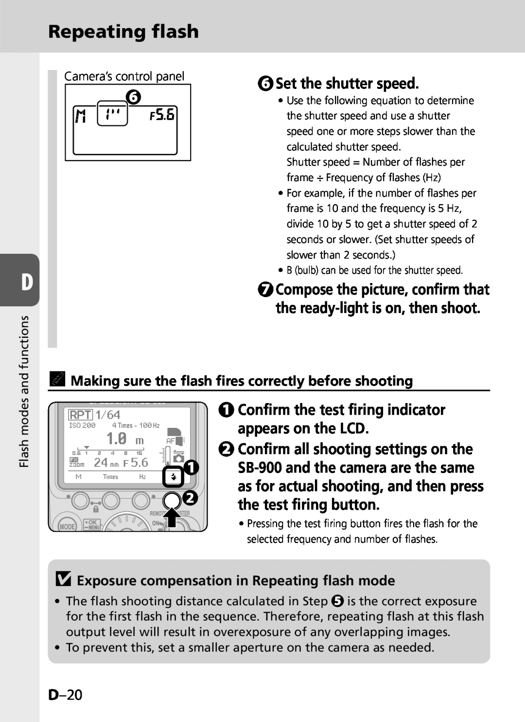 Univex SB-900 user manual Set the shutter speed, D–20, vExposure compensation in Repeating ﬂash mode, Repeating flash 