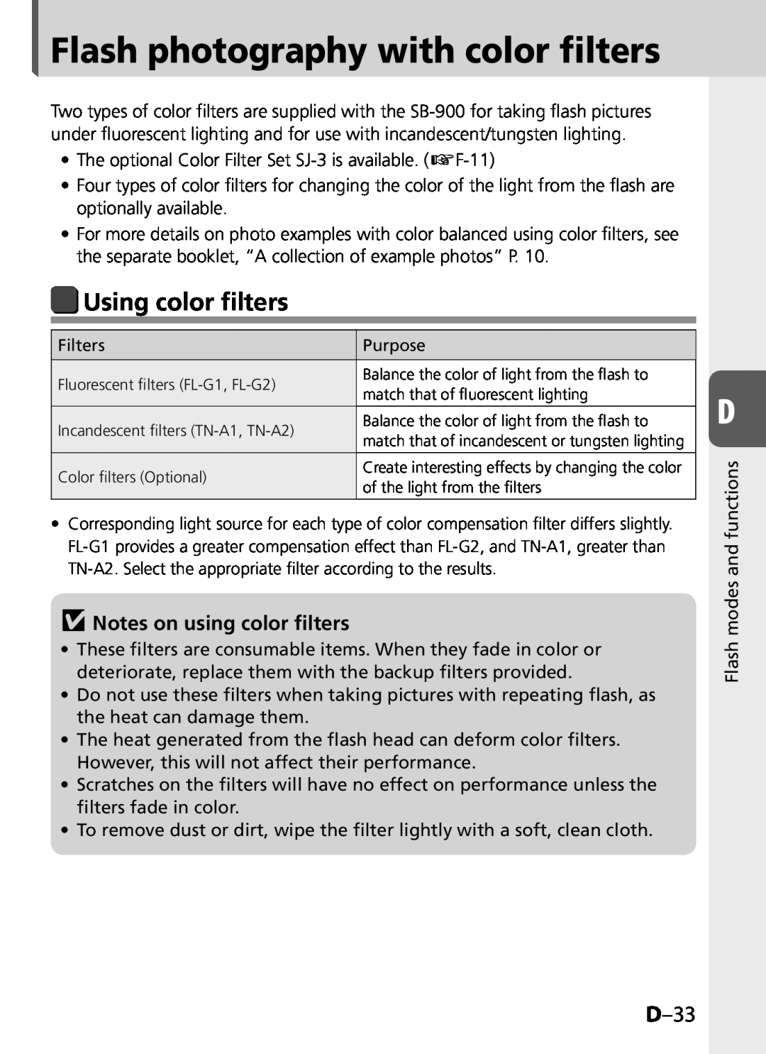 Univex SB-900 user manual Flash photography with color filters, Using color filters, D–33, vNotes on using color ﬁlters 
