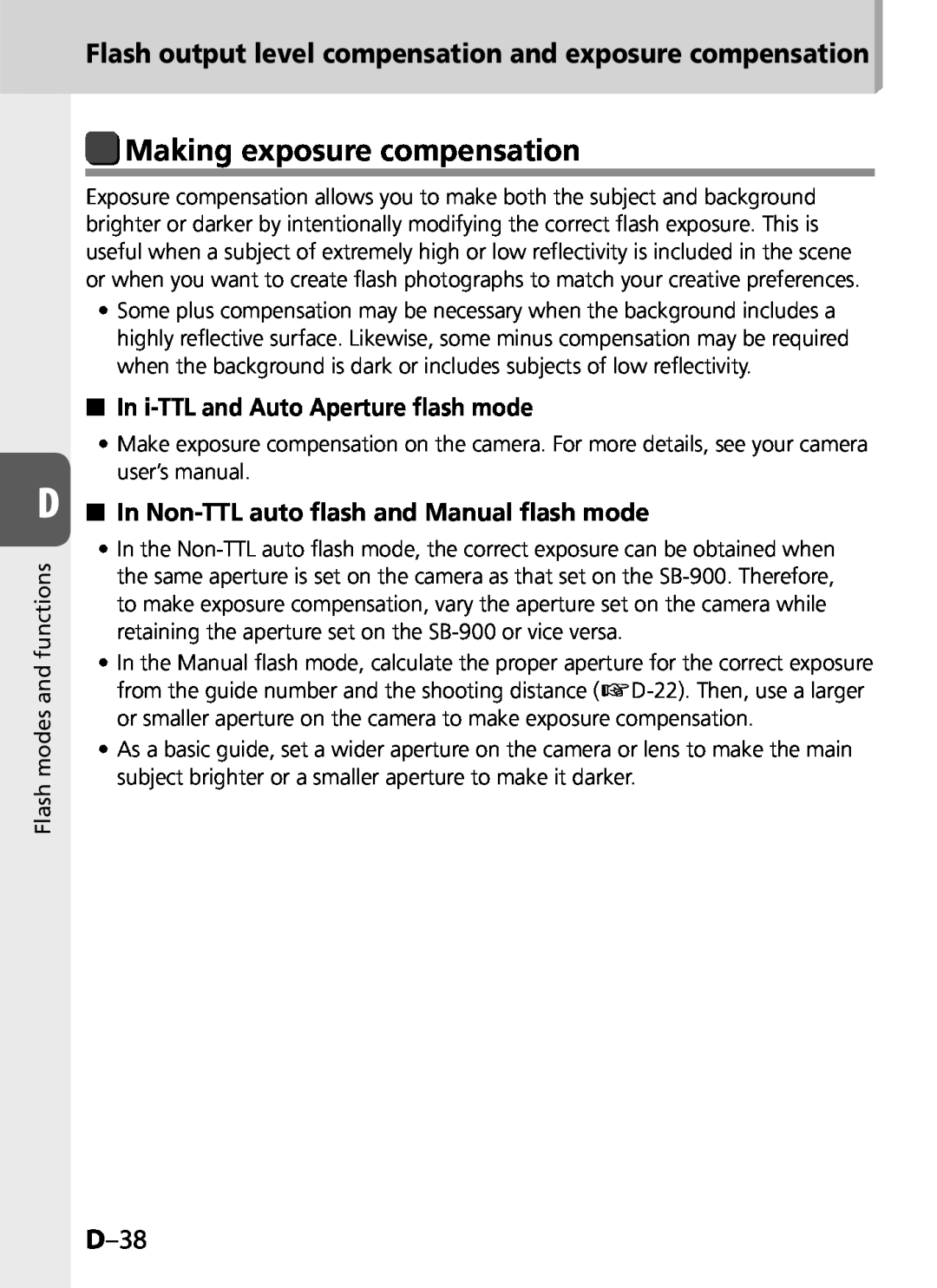 Univex SB-900 user manual Making exposure compensation, D–38, In i-TTLand Auto Aperture ﬂash mode 